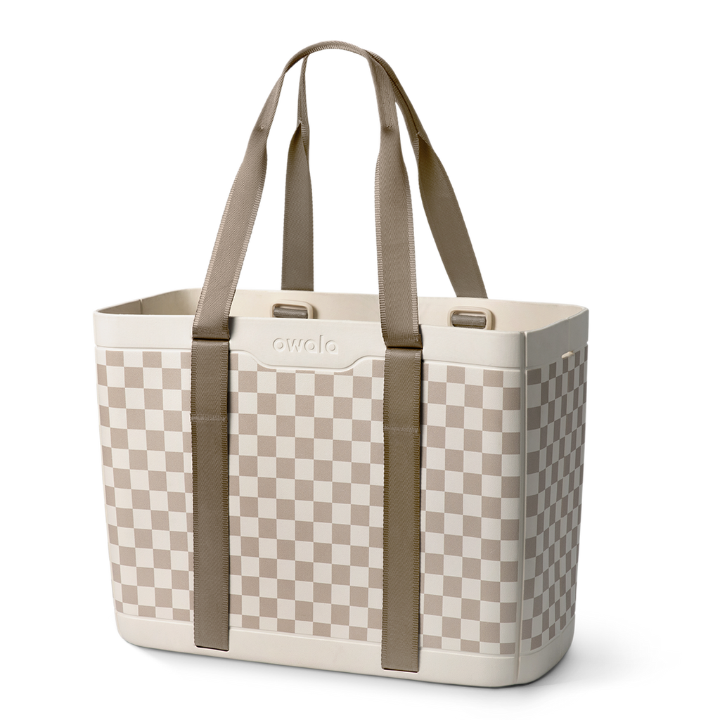 Sun-Day Collapsible Tote in Checkin' In, cream and tan checkerboard pattern tote bag with tan carry loops and matching strap detail