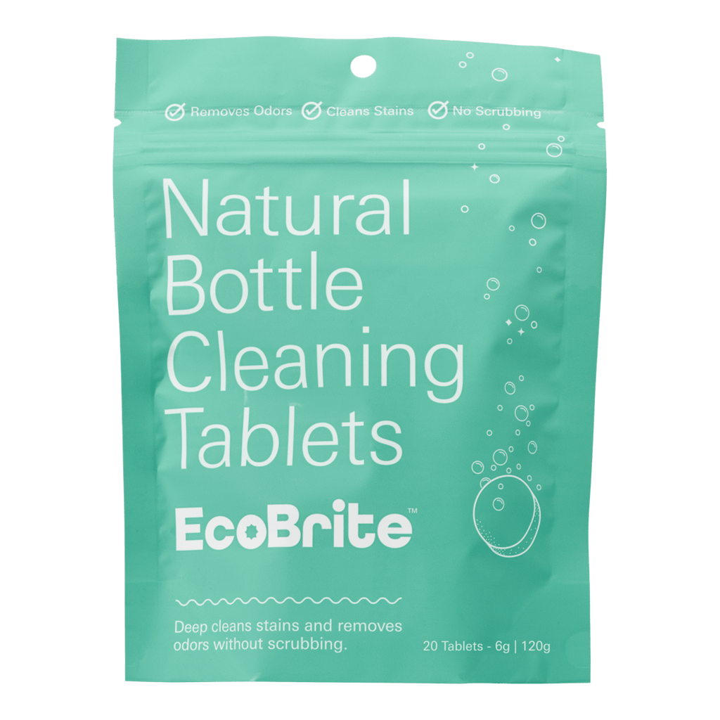 Bottle Cleaning Tablets 20 Pack in EcoBrite; front of teal resealable packet labeled \Natural Bottle Cleaning Tablets EcoBrite\