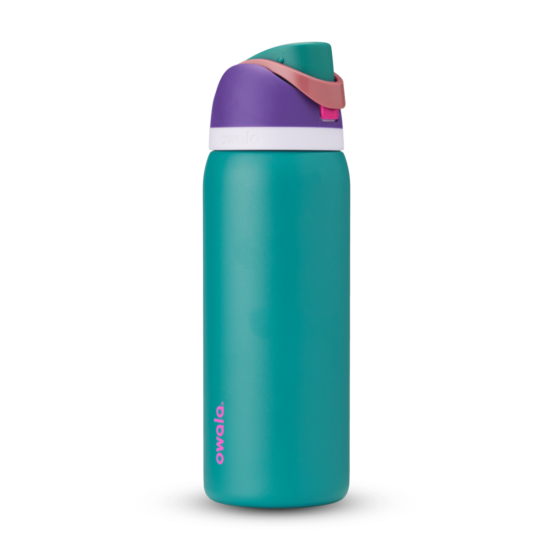 FreeSip 32oz in 80s Ski Slopes, teal body with purple flip cap, pink carry loop, white accent band, and pink logo