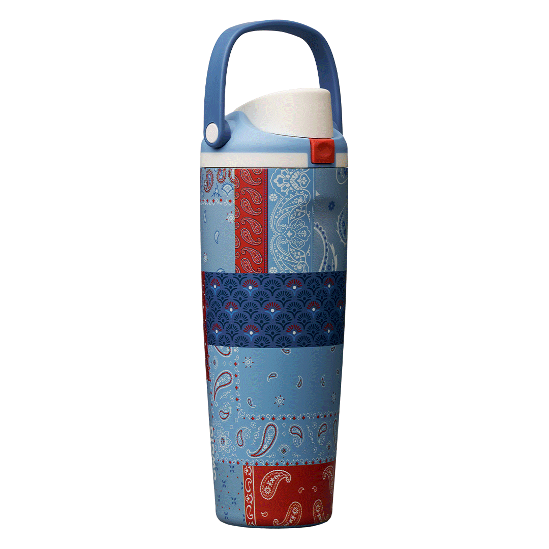 Owala FreeSip Sway 30oz, red, white, and blue paisley bandana patchwork body with white flip cap and light blue lid