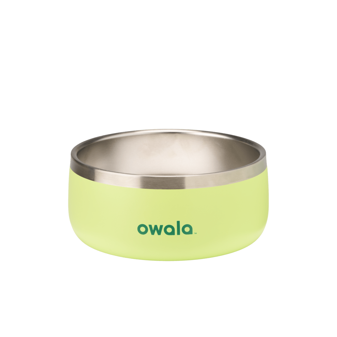 Pet Bowl 6-cup in Trailside Tricks; matte coral orange cup exterior with stainless steel interior rim and cream Owala logo on front
