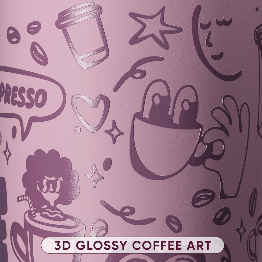 Close-up of mauve purple body with glossy coffee-themed illustrations and 3D Glossy Coffee Art label