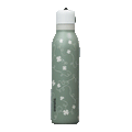 Owala FreeSip Twist 24oz in Clover Achiever, close-up of the sage green body with white clover and vine pattern and the white twist cap with sage carry string and dark carry string grip