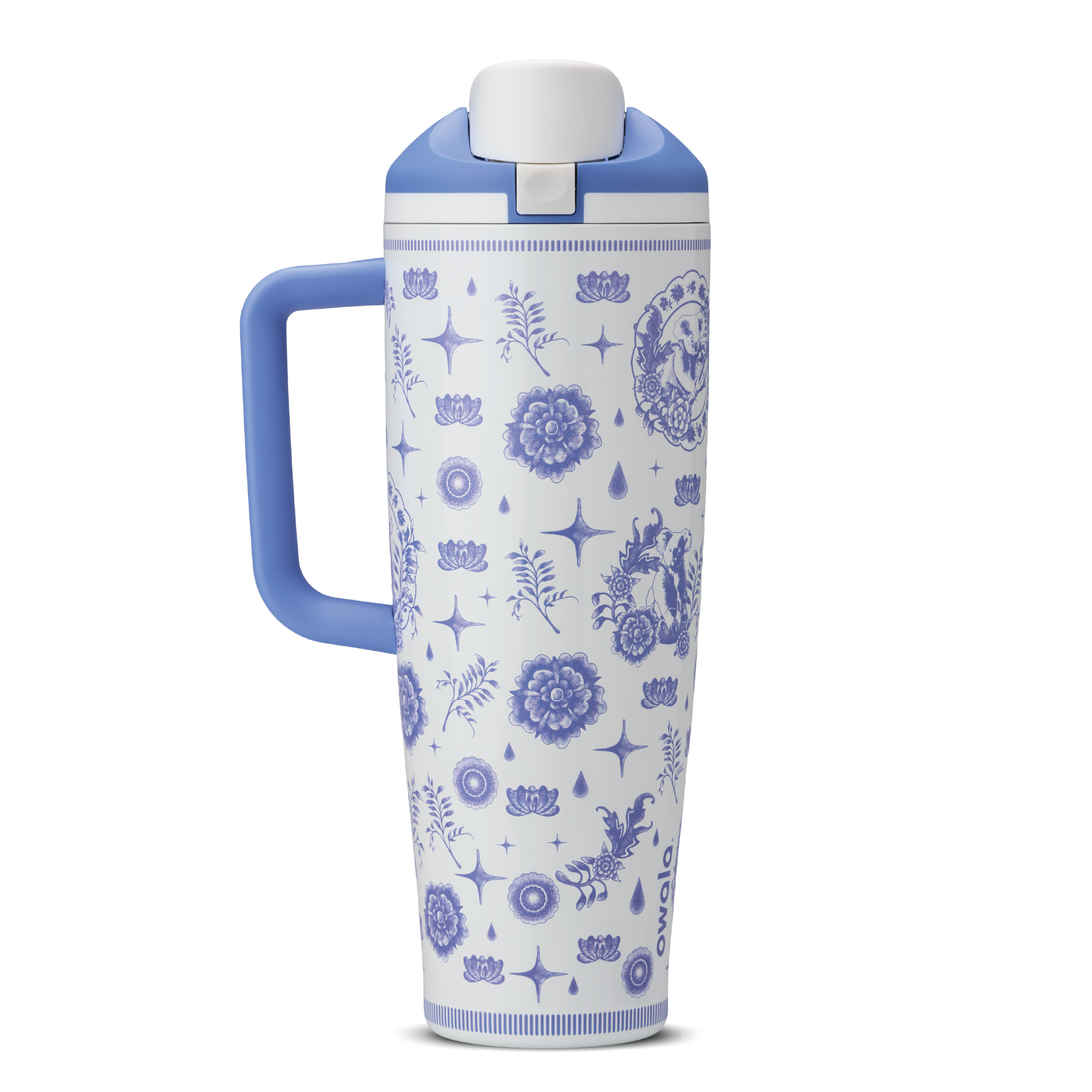 Heirloom 40oz Tumbler with handle; white body with blue delft-style illustrated pattern of stars, flowers, and charms; periwinkle blue handle and lid