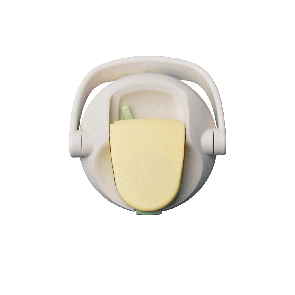 Top-down rotating view of Owala FreeSip Sway 30oz lid with cream body, butter yellow flip cap, cream carry loop, and sage green swivel detail