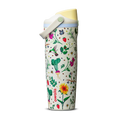 FreeSip Sway 30oz Mother's Day Garden; cream white body with colorful garden print featuring flowers, strawberries, hummingbirds, and bees, yellow flip cap, and light blue carry loop