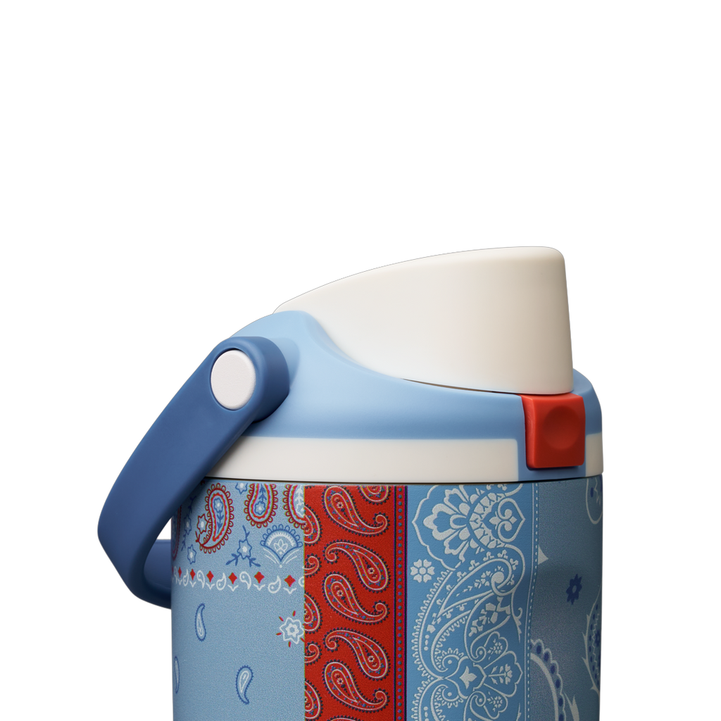 Owala FreeSip Sway 30oz, red, white, and blue paisley bandana patchwork body with white flip cap and light blue lid