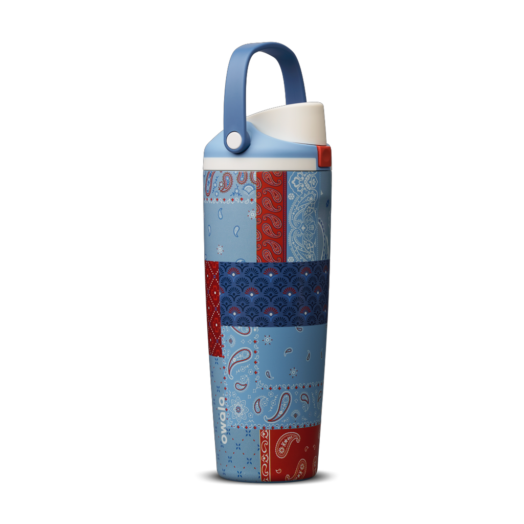 Owala FreeSip Sway 30oz, red, white, and blue paisley bandana patchwork body with light blue lid and darker blue carry loop