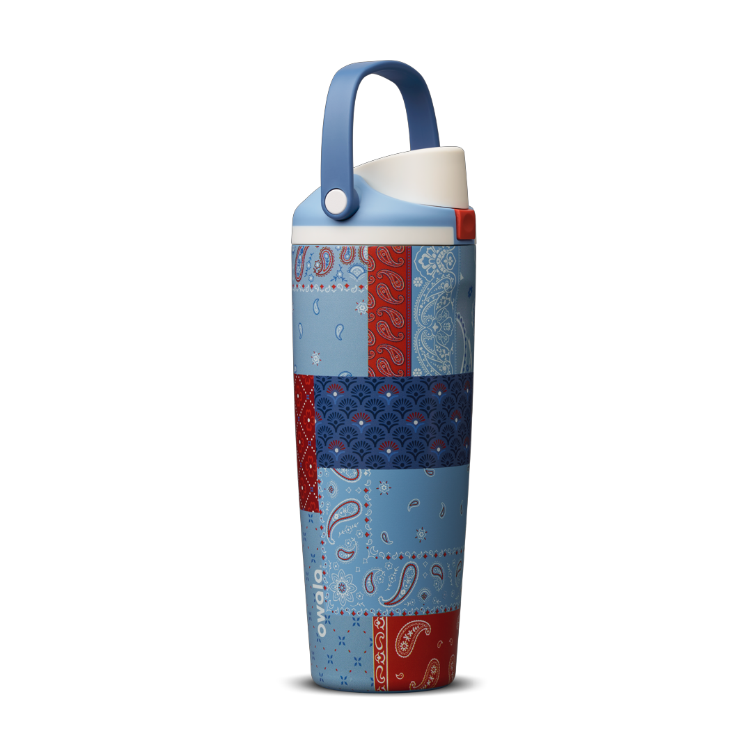 Owala FreeSip Sway 30oz, red, white, and blue paisley bandana patchwork body with light blue lid and darker blue carry loop