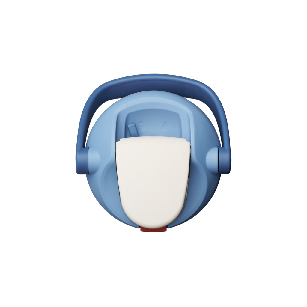Owala FreeSip Sway 30oz top-down view with flip cap open, light blue lid with darker blue carry loop and white cap raised to reveal the FreeSip spout