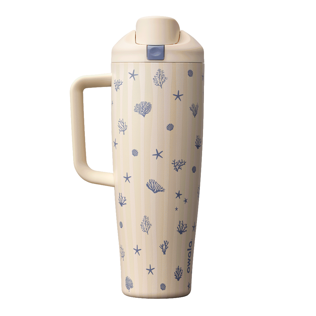 Owala Birthday Bash 40oz Tumbler Coral Cabana; cream white body scattered with small blue seashells, starfish, and sea urchin illustrations, pale blue lid and matching handle