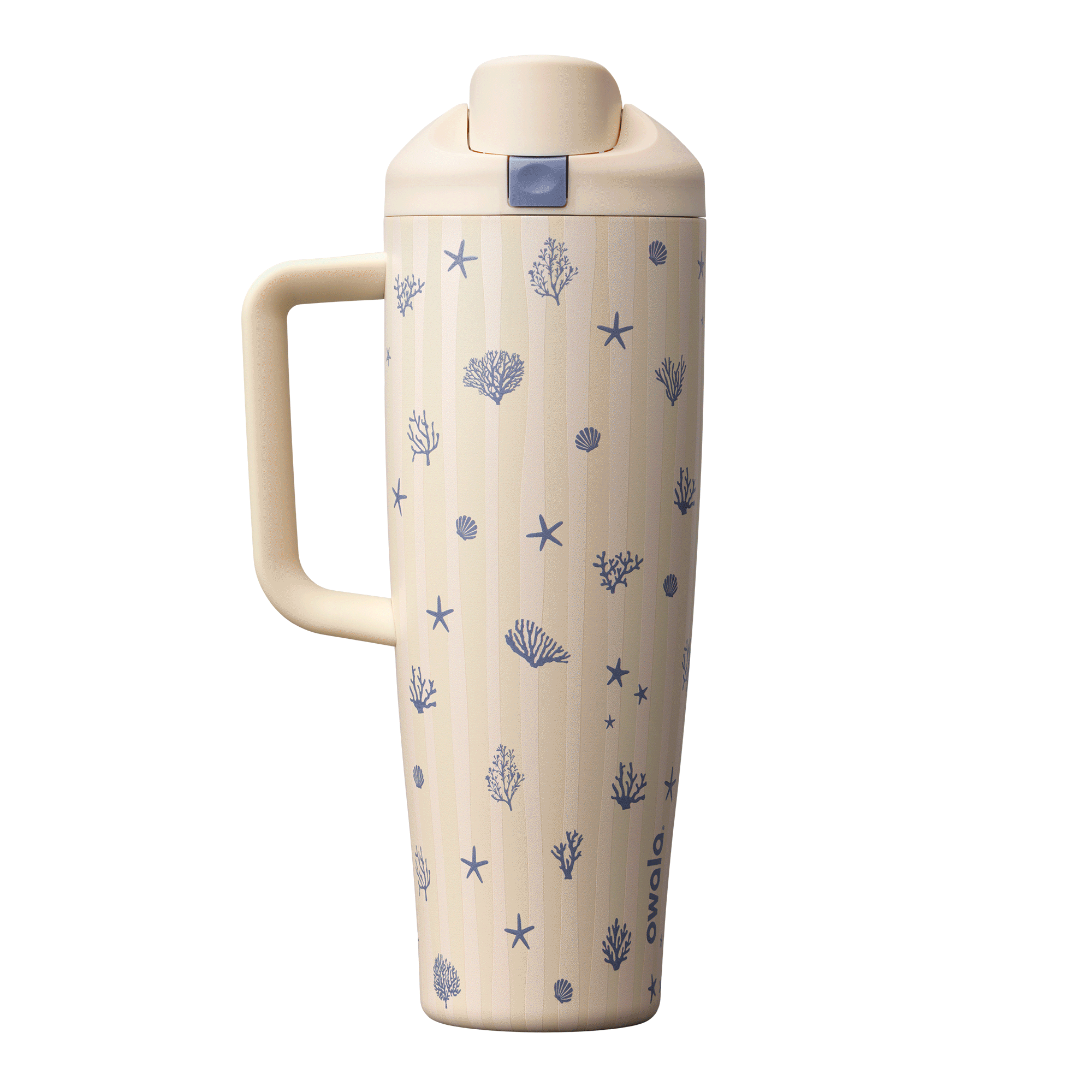 Owala Birthday Bash 40oz Tumbler Coral Cabana; cream white body scattered with small blue seashells, starfish, and sea urchin illustrations, pale blue lid and matching handle