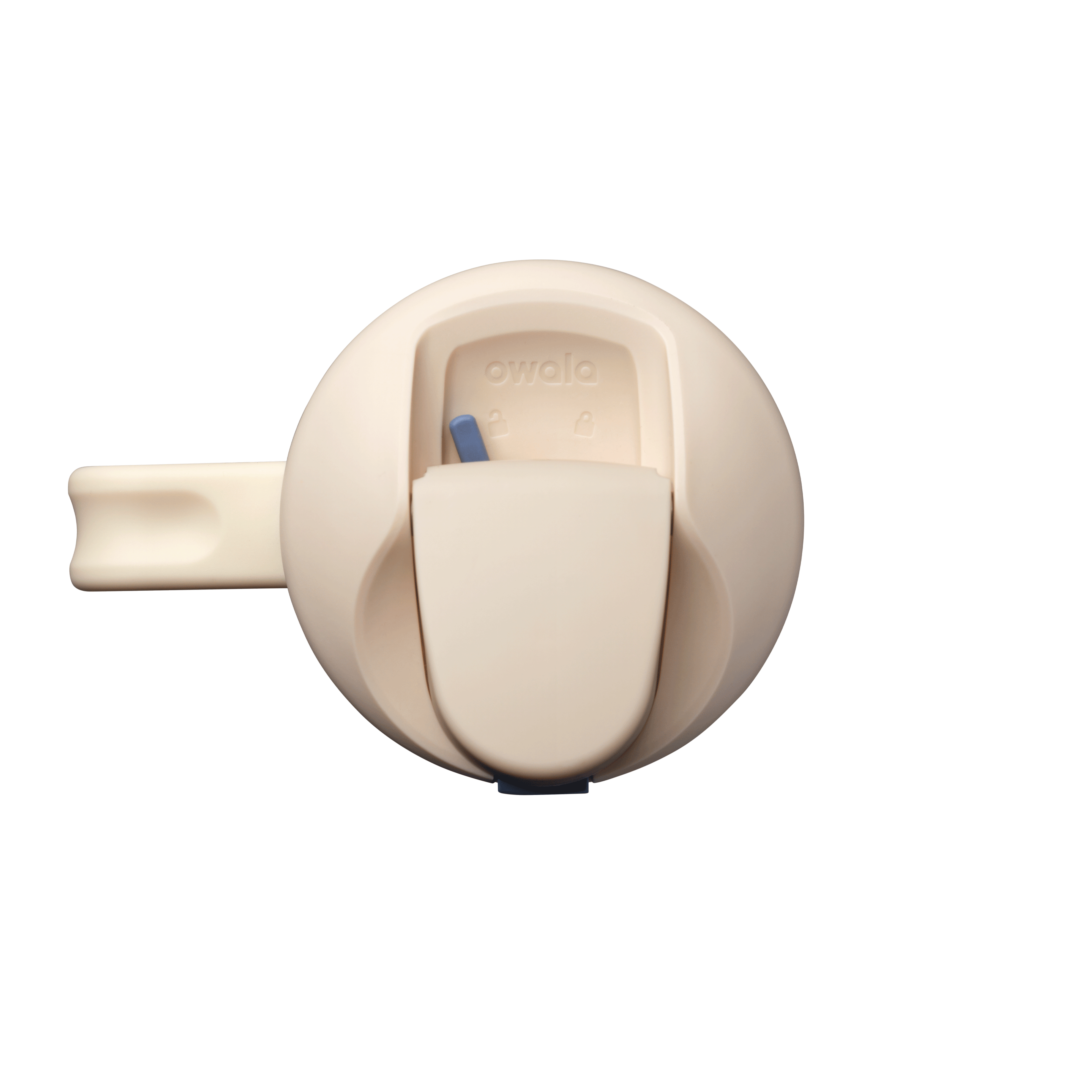 Top-down rotating view of Owala FreeSip Sway lid with cream body, cream flip cap, and blue push-button