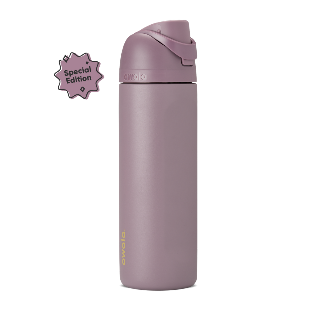 FreeSip 32oz in Spring Revival, dusty mauve-purple insulated bottle with matching flip cap and carry loop, gold Owala logo