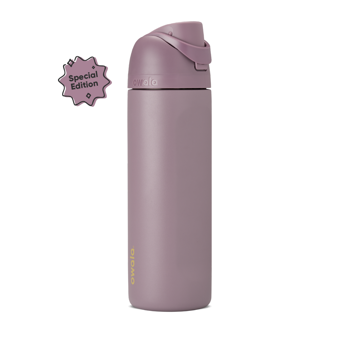 FreeSip 32oz in Spring Revival, dusty mauve-purple insulated bottle with matching flip cap and carry loop, gold Owala logo