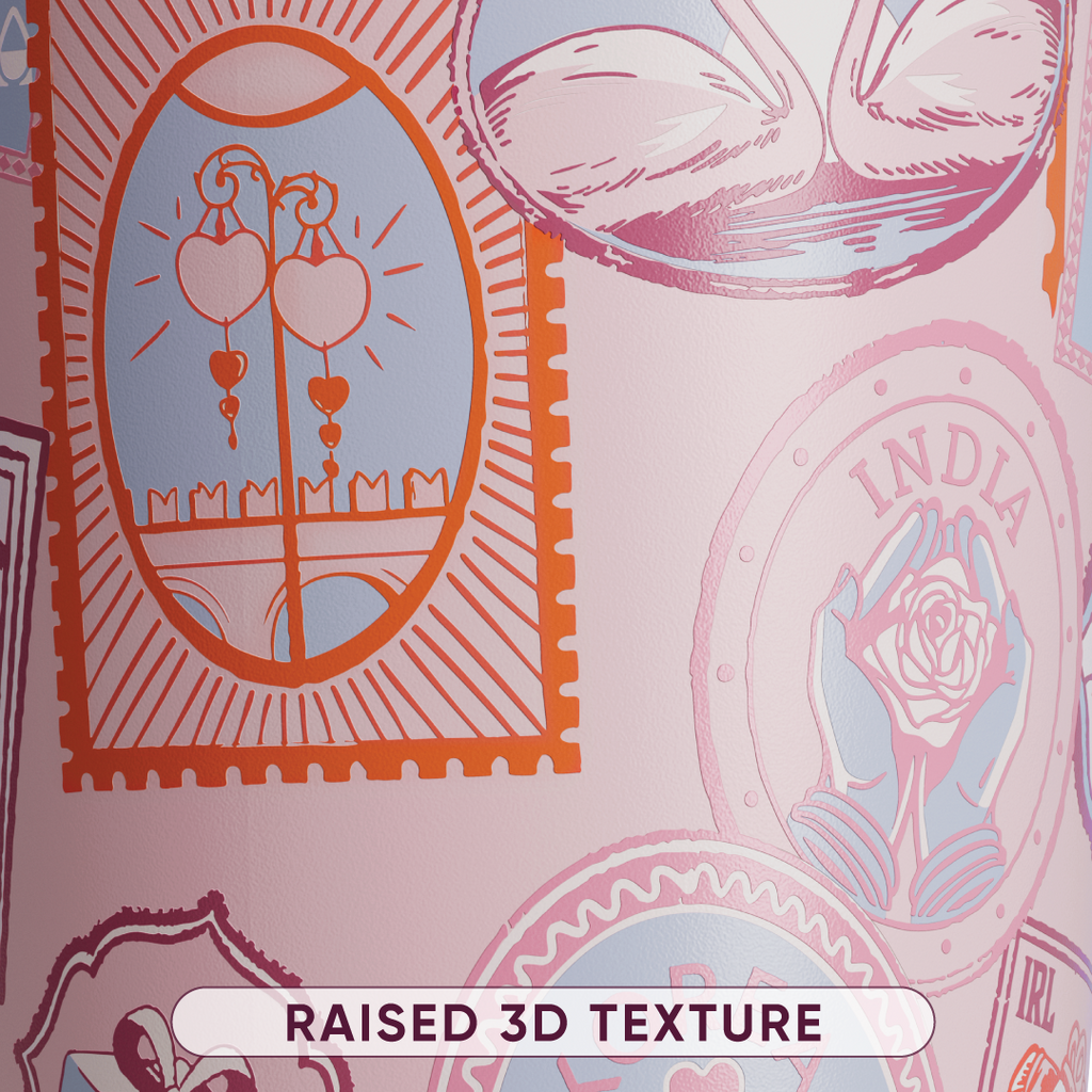 Close-up of bottle body with pink and orange postage stamp illustrations, labeled Raised 3D Texture