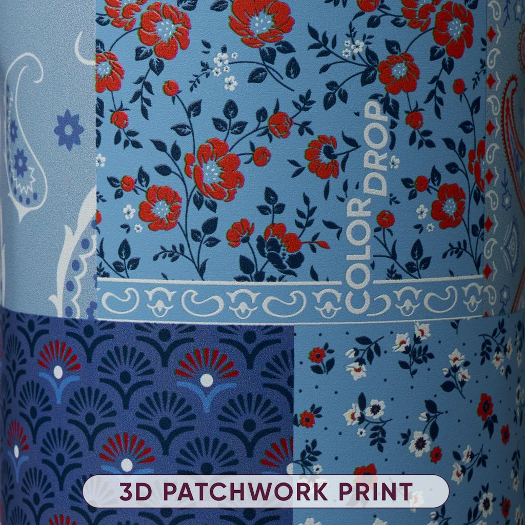 Close-up of red and blue floral and paisley patchwork pattern with 3D Patchwork Print label