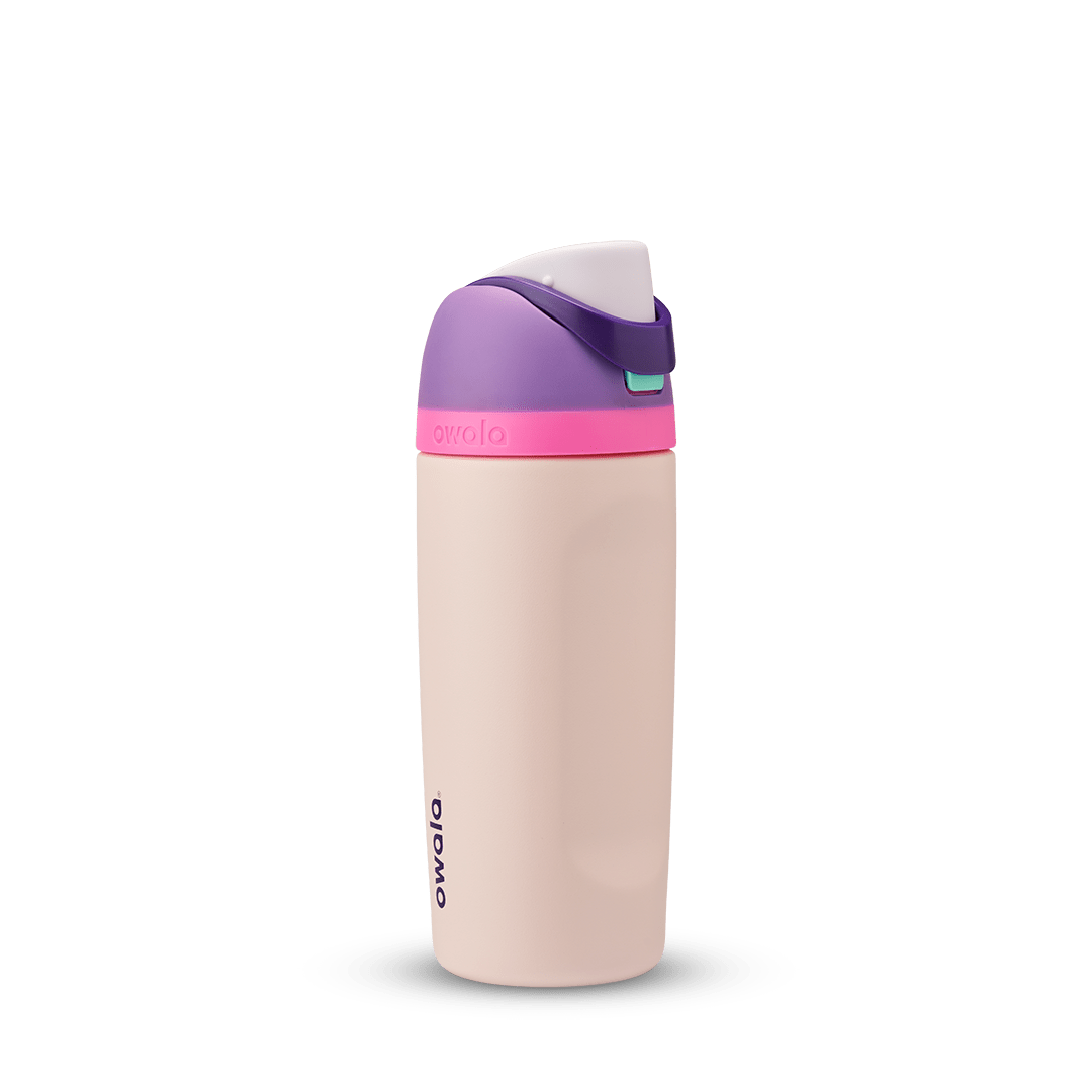 Kids FreeSip 16oz in Bunny Business, pale blush cream insulated bottle with hot pink accent band, purple lid and carry loop, and pale pink flip cap