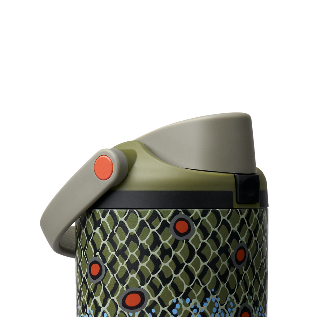 Owala FreeSip Sway 40oz in Off the Hook, lid detail showing olive flip cap, olive carry loop, and orange push-button over fish-scale patterned body