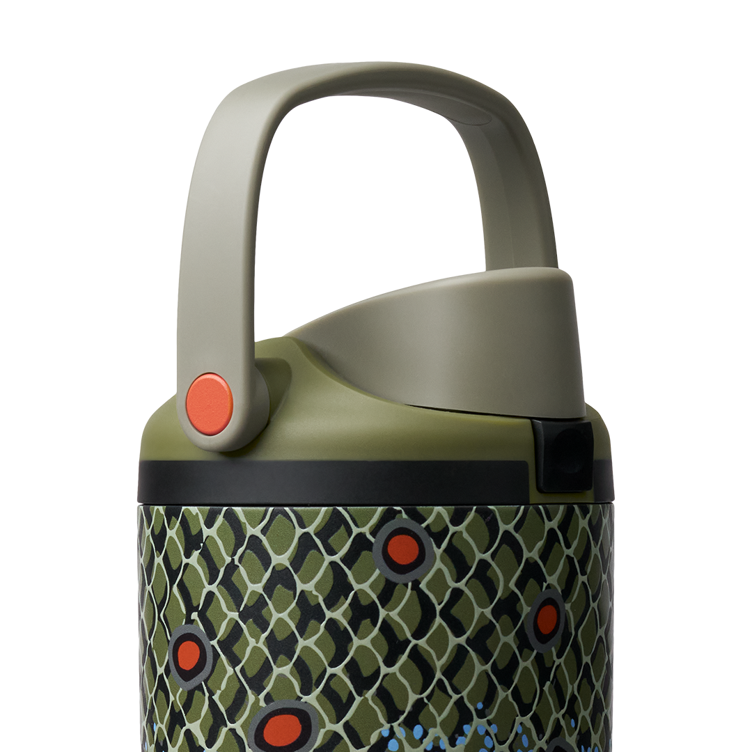 Owala FreeSip Sway 40oz in Off the Hook, olive carry loop raised above olive flip cap over fish-scale patterned body