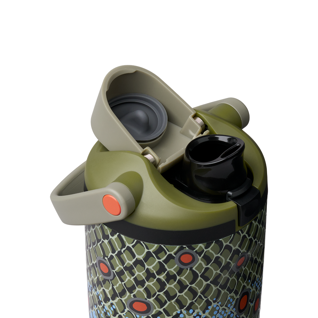Owala FreeSip Sway 40oz in Off the Hook, olive flip cap open exposing black FreeSip spout over fish-scale patterned body