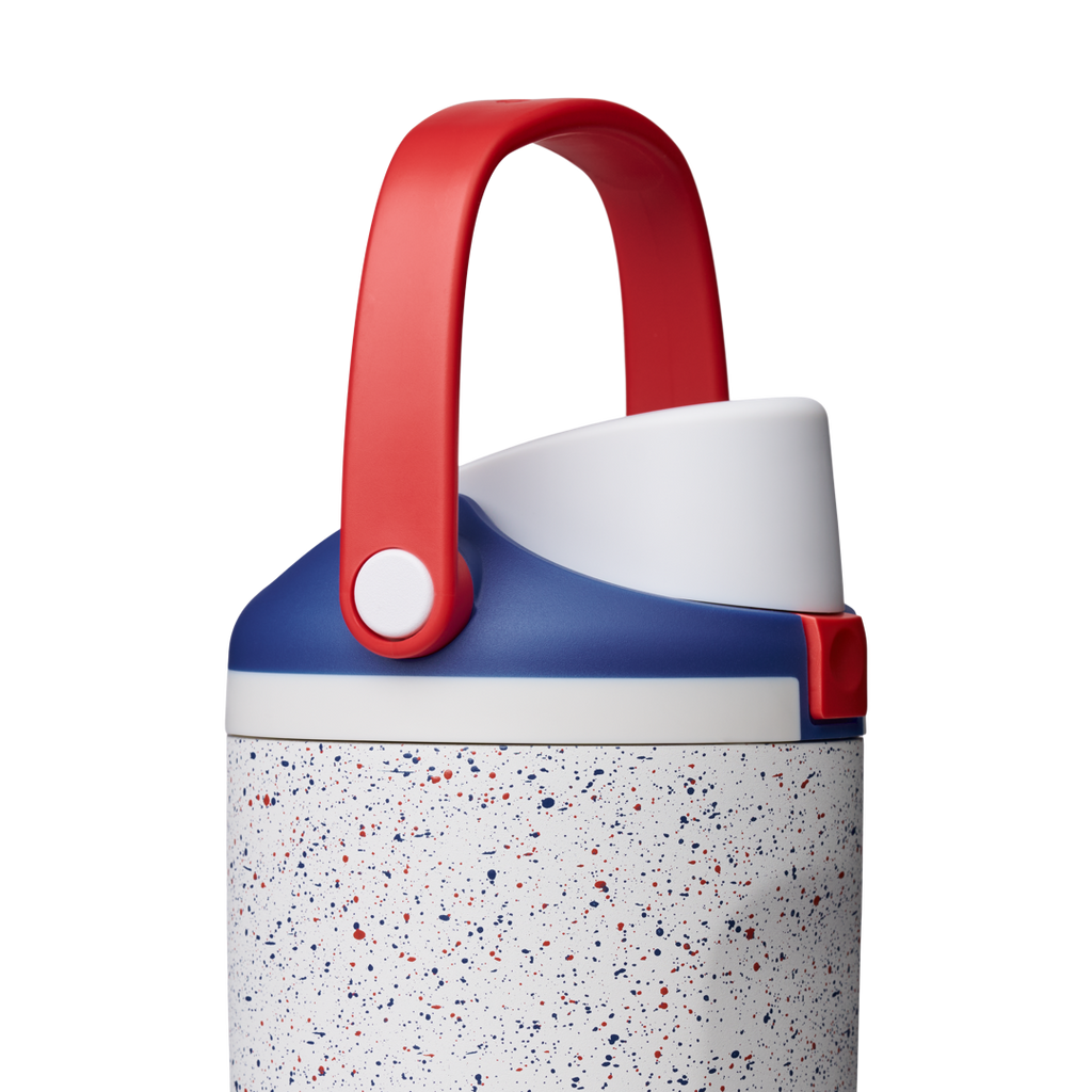 Lid detail of Splash of Liberty Owala FreeSip Sway 30oz, red-white-and-blue speckled body with red carry loop and blue lid