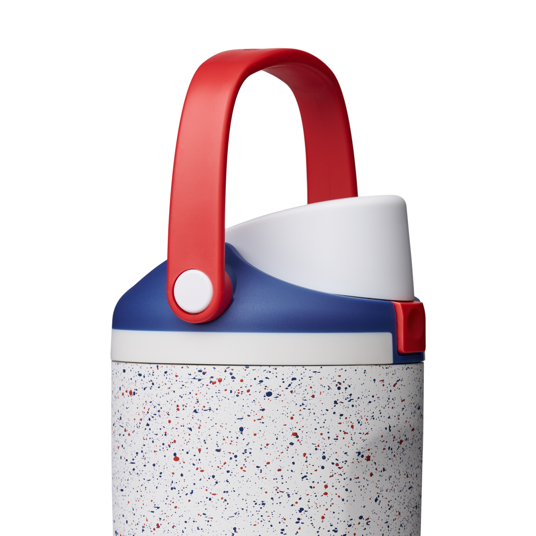 Lid detail of Splash of Liberty Owala FreeSip Sway 30oz, red-white-and-blue speckled body with red carry loop and blue lid