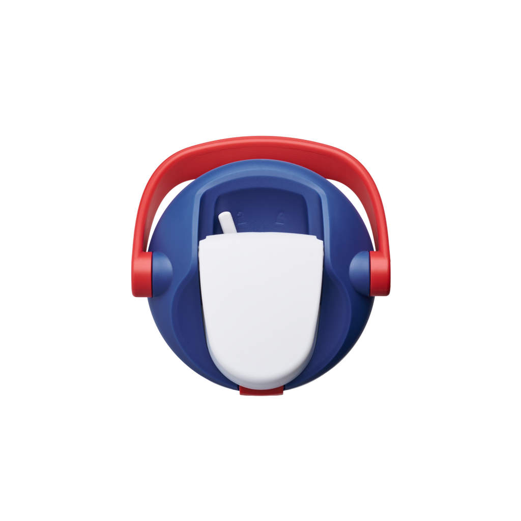 Top-down lid view of Splash of Liberty Owala FreeSip Sway 30oz showing the navy blue lid with red carry loop