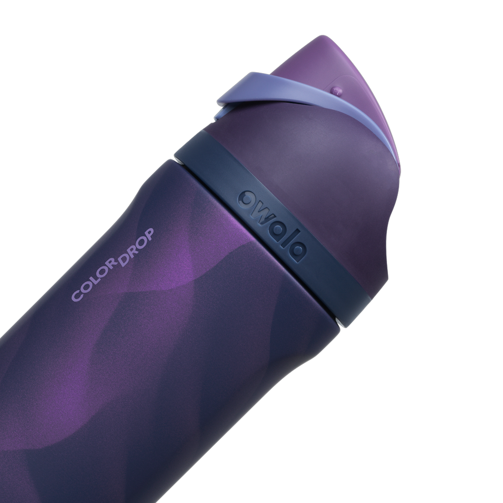 Owala FreeSip 24oz in Arctic Storm, deep purple body with wavy lavender pattern, dark navy lid with periwinkle carry loop and matching deep purple flip cap