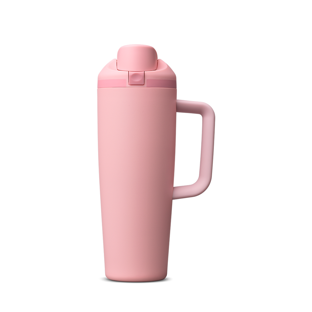 FreeSip Tumbler 30oz, soft rose pink body with matching pink lid and handle