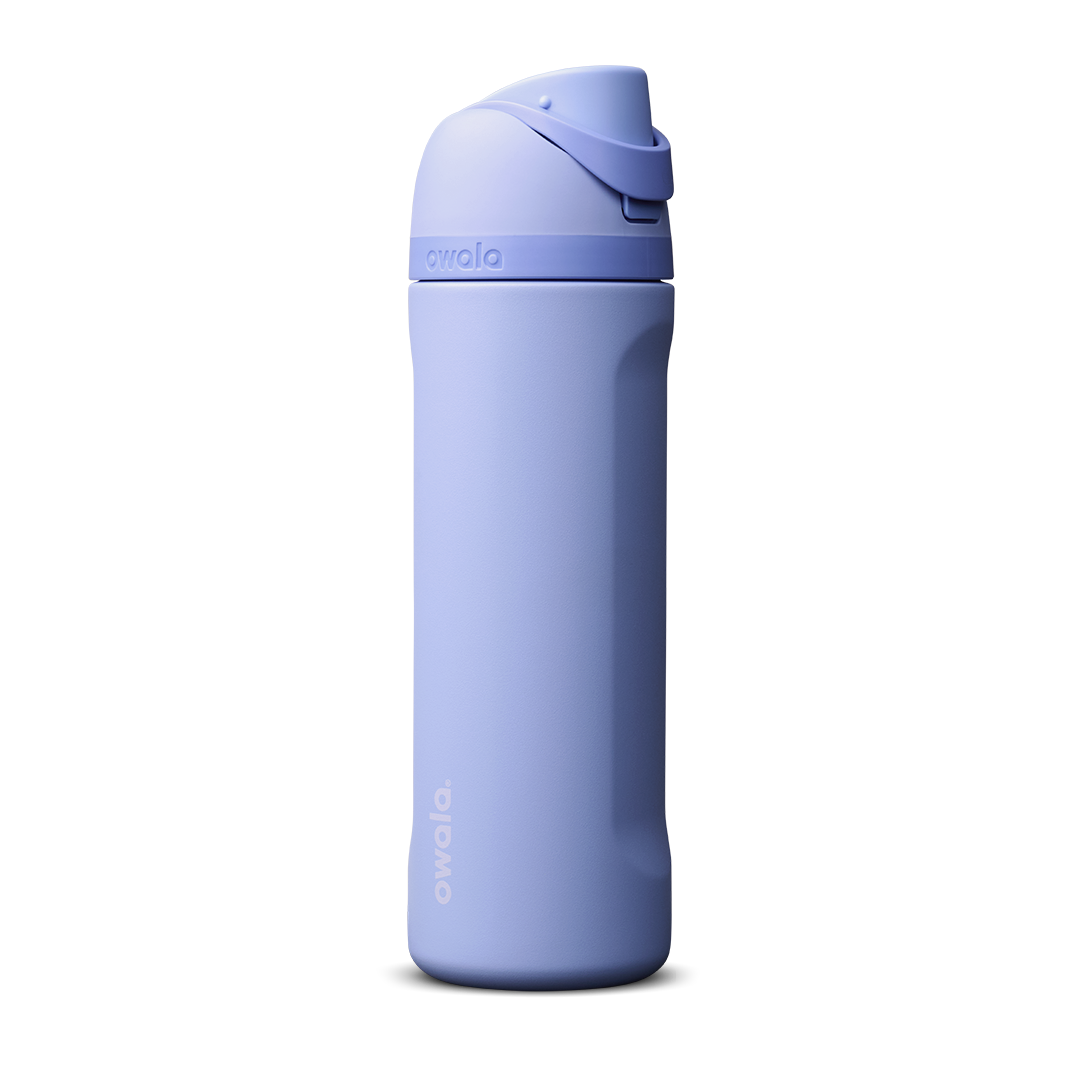 Owala FreeSip 24oz in Out of the Blue, periwinkle blue insulated bottle with matching blue-lavender flip cap and carry loop