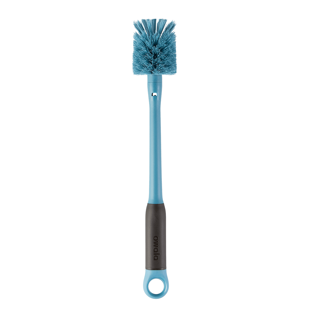 2-in-1 Bottle Brush; medium blue long-handled bottle brush with dark gray grip and blue loop ring at base