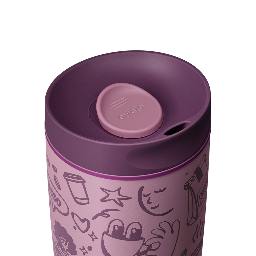 Owala SmoothSip Slider 20oz top-down view, dark purple lid with mauve slider button slid open revealing the sip hole