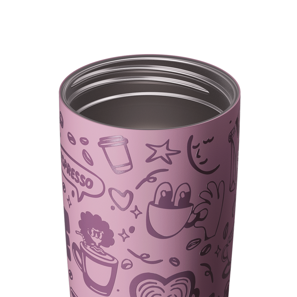 Owala SmoothSip Slider 20oz with lid removed, showing stainless steel interior and mauve purple body with coffee-themed illustrations