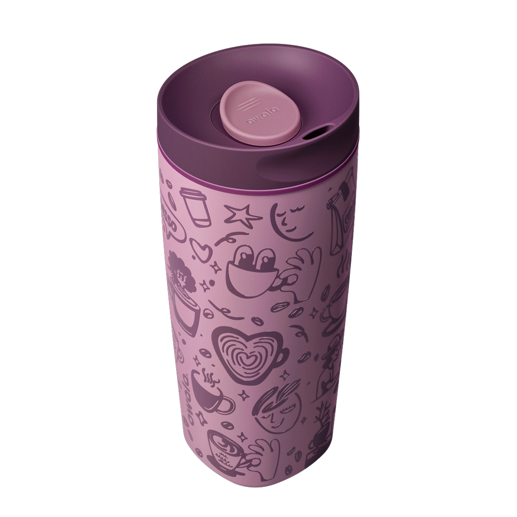 Owala SmoothSip Slider 20oz angled view, mauve purple body with coffee-themed illustrations and dark purple lid with mauve slider button