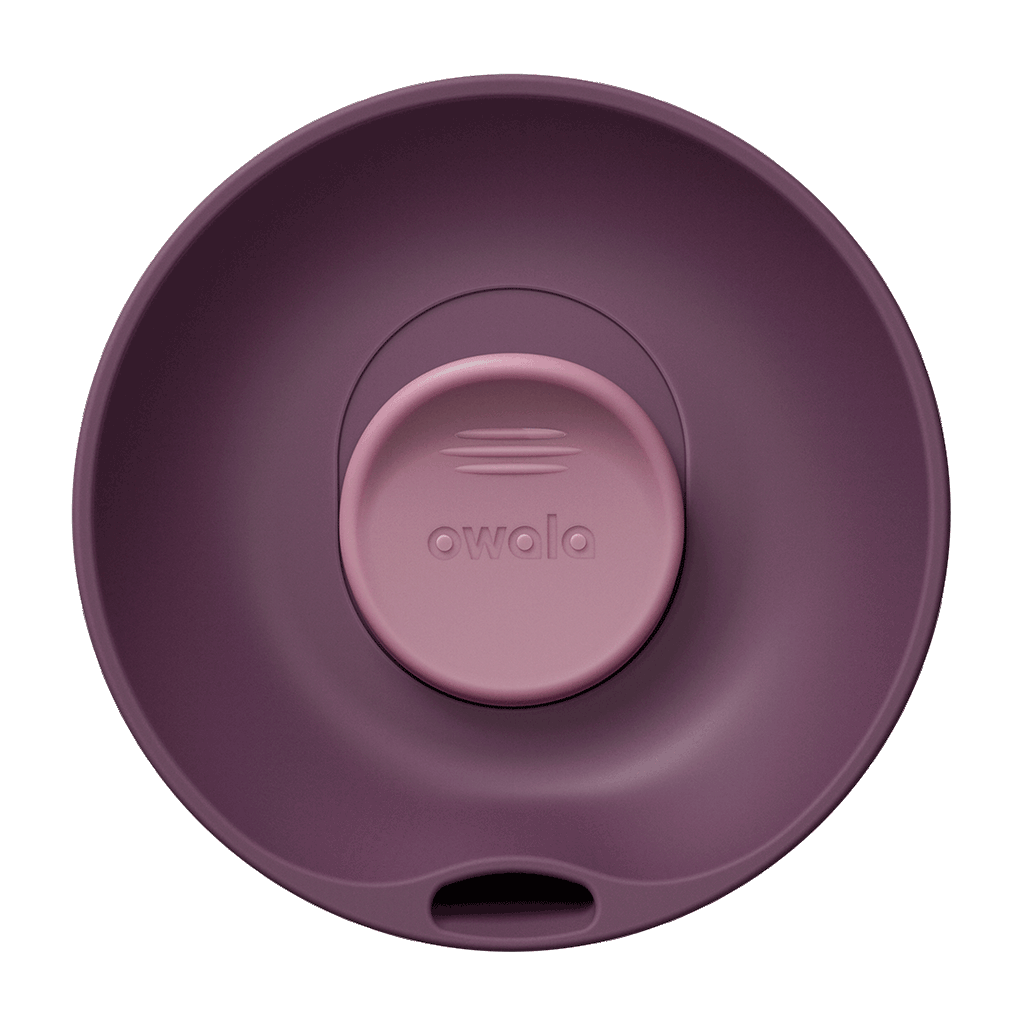 Rotating top-down view of the SmoothSip Slider 20oz lid in dark purple with mauve slider button