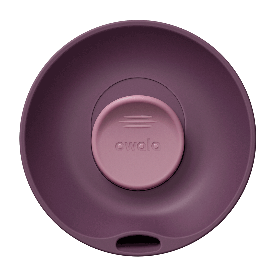 Rotating top-down view of the SmoothSip Slider 20oz lid in dark purple with mauve slider button