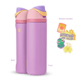 FreeSip 24oz in Rapunzel, lavender purple insulated bottle with light pink flip cap, purple lid, pink accent band, and yellow carry loop, shown front and back with included sun tower, "Adventures Are Calling" mountain, Pascal chameleon, and yellow flower stickers