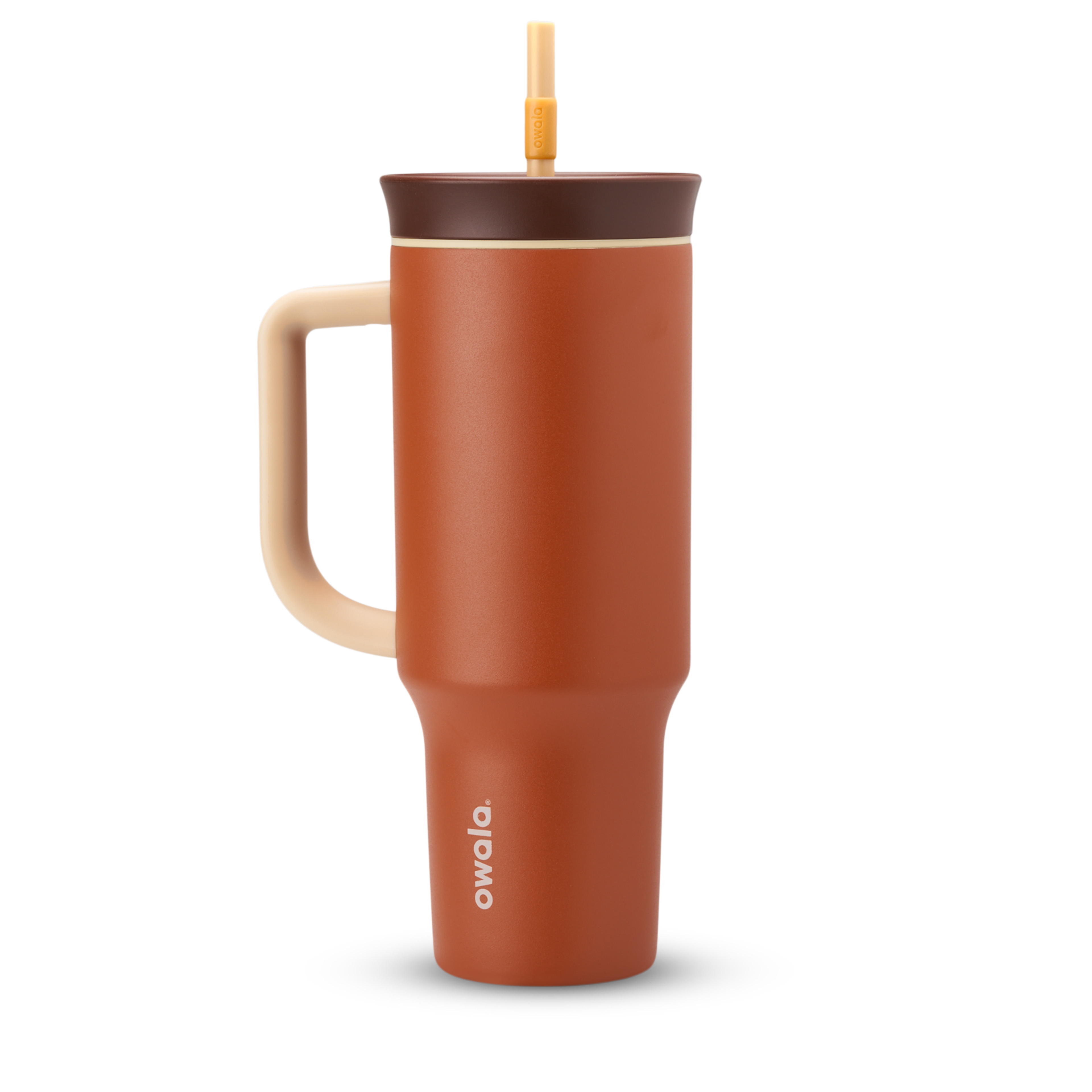 40oz Tumbler in Pumpkin Spice, burnt orange insulated tumbler with cream handle, dark chocolate brown lid, and orange-tipped straw