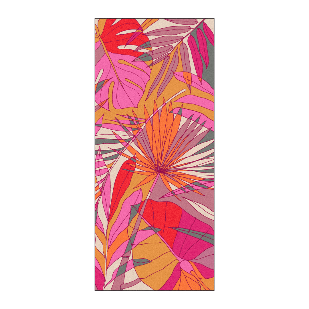 Owala Beach Towel in Dos Tigres; bold pop-art print of stylized pink, blue, green, and purple tigers and tropical leaves on an olive green background