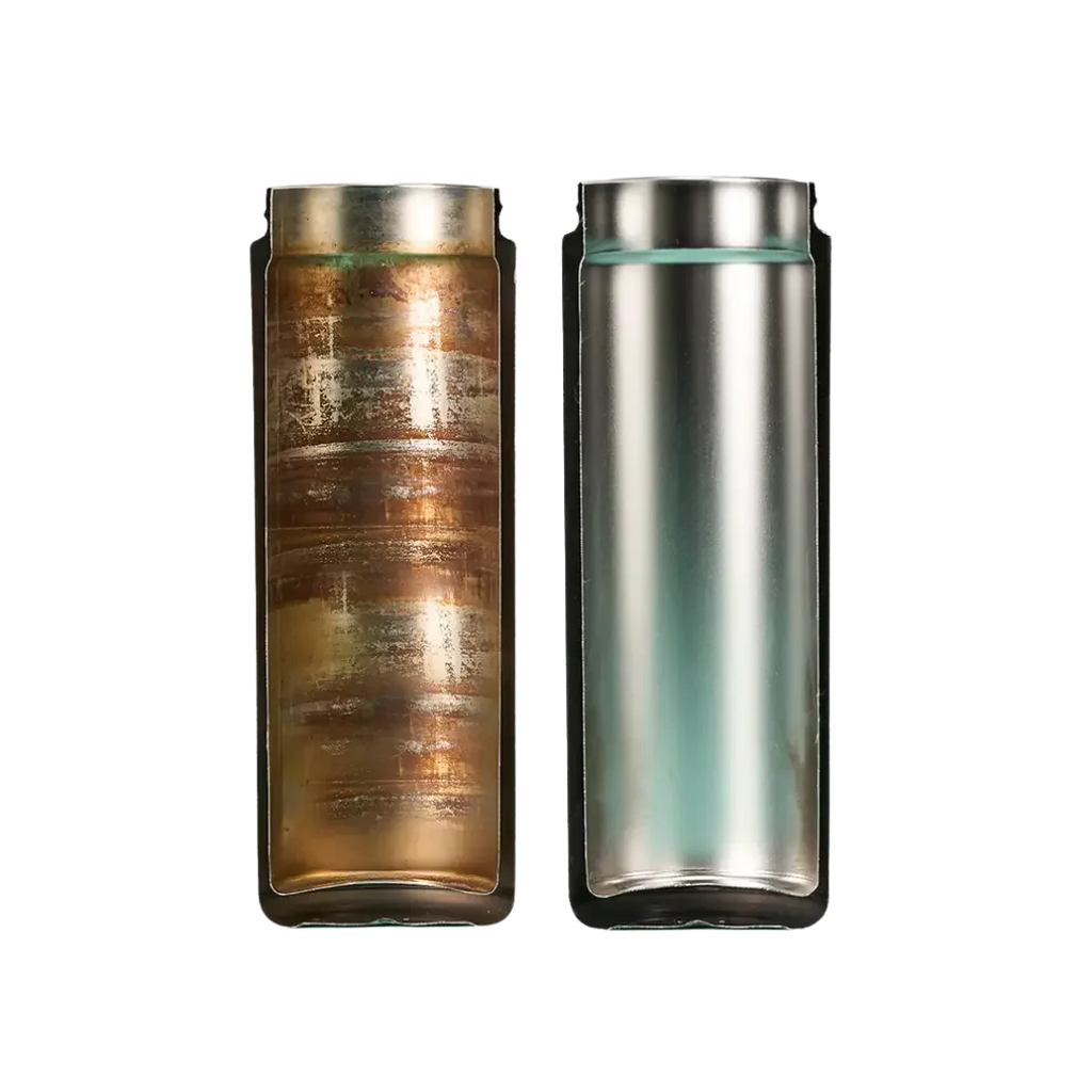 EcoBrite Natural Cleaning Tablets, before-and-after comparison showing a heavily corroded and stained bottle interior next to a clean polished stainless steel interior