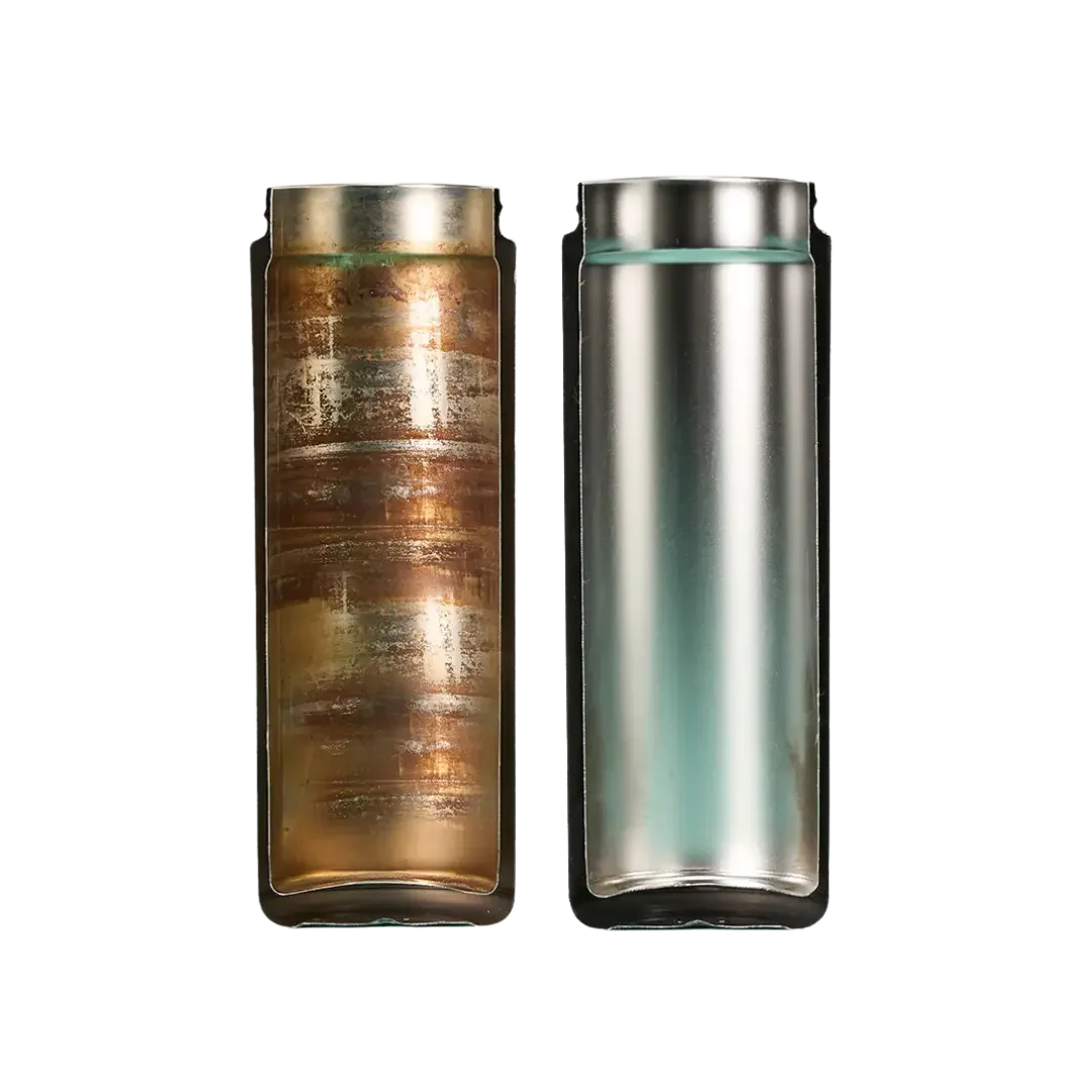 EcoBrite Natural Cleaning Tablets, before-and-after comparison showing a heavily corroded and stained bottle interior next to a clean polished stainless steel interior