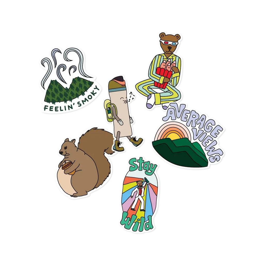 Great American Road Trip Great Smoky Mountains sticker pack featuring six illustrated stickers: a Feelin' Smoky mountain badge, a hiking water bottle character, a bear in 3D glasses, a squirrel with acorn, an Average Views rainbow scene, and a Stay Wild disco figure
