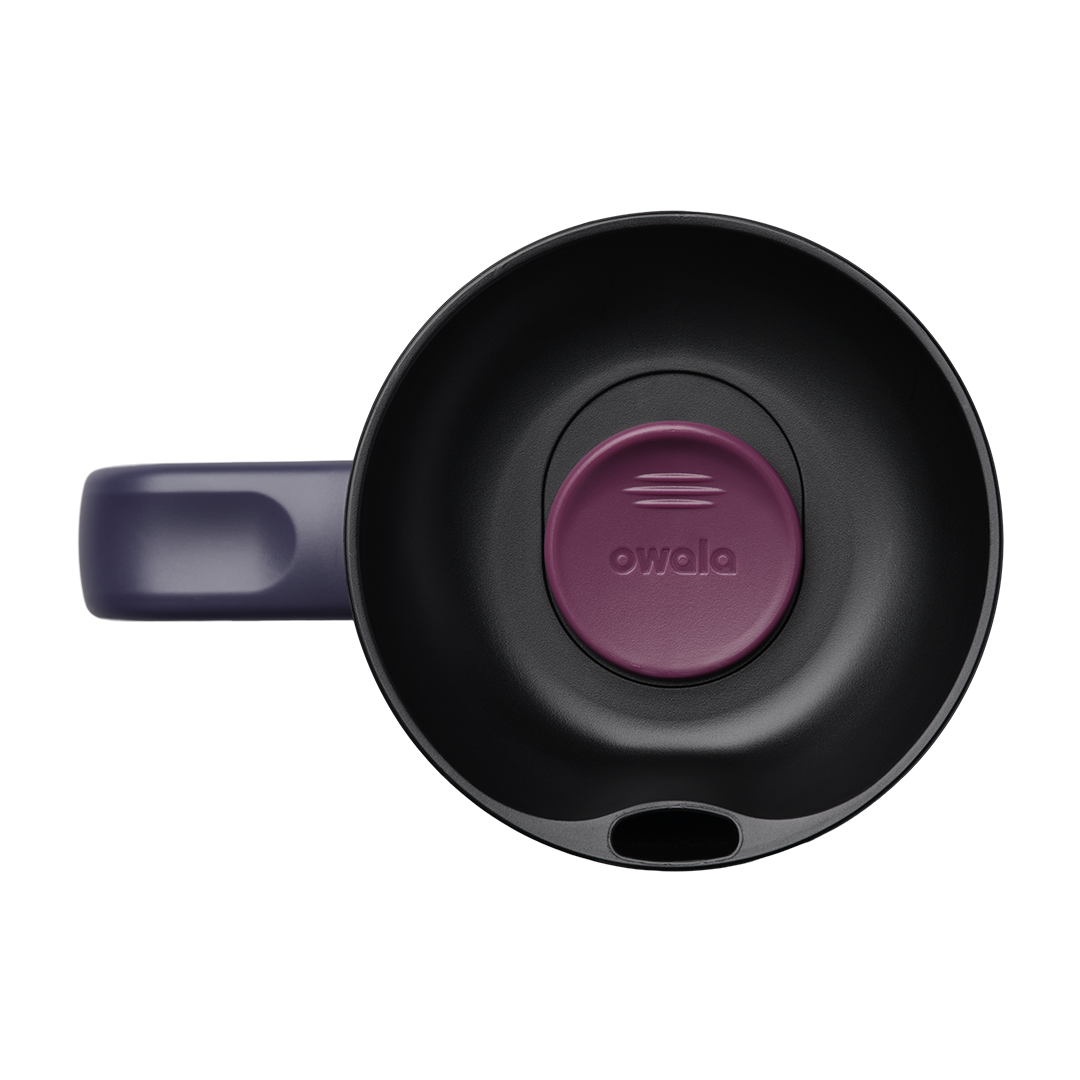 Owala SmoothSip Slider with Handle 24oz in Burgundy Bay, top-down view of black lid with purple slider button and sip hole, navy handle visible at rim