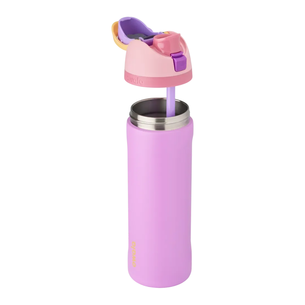 Owala Kids FreeSip in Rapunzel, lilac purple insulated stainless steel bottle with lid lifted off showing stainless steel interior and lavender straw, pink lid with yellow and purple accents