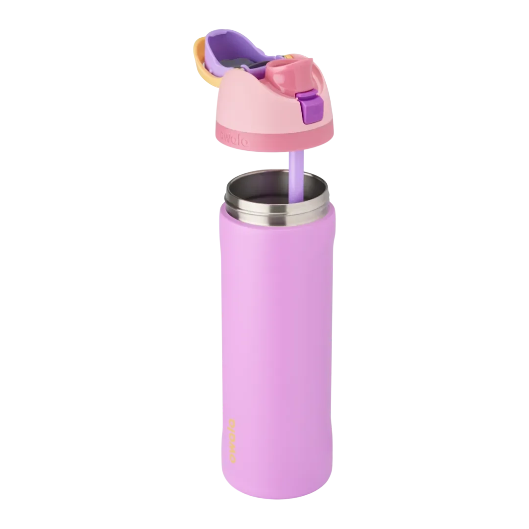 Owala Kids FreeSip in Rapunzel, lilac purple insulated stainless steel bottle with lid lifted off showing stainless steel interior and lavender straw, pink lid with yellow and purple accents