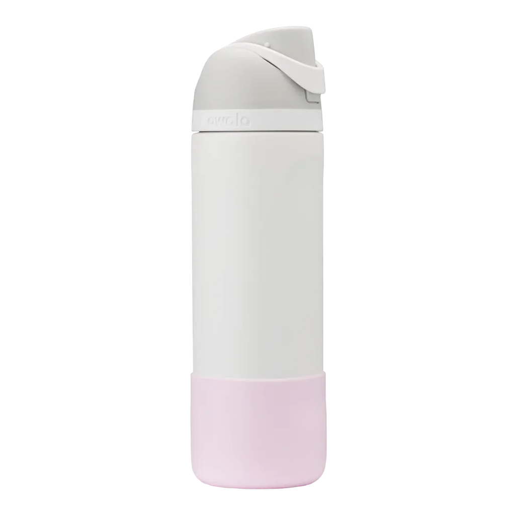 Owala Bottle Boot 24oz in pink silicone, shown on a white FreeSip 24oz bottle with gray flip cap and carry loop as example