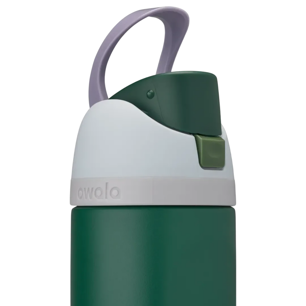 Owala Kids FreeSip 16oz in Great Smoky Mountains, dark forest green insulated stainless steel bottle with white lid, lavender carry loop, dark green flip cap, and olive green push-button
