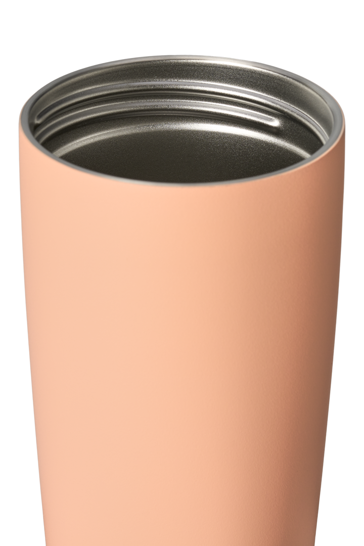 Owala SmoothSip Slider 20oz in Peachy Keen, peach insulated stainless steel body shown open with stainless steel interior visible and no lid