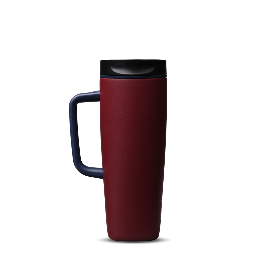 Owala SmoothSip Slider with Handle 24oz in Burgundy Bay, deep crimson insulated stainless steel body with black lid, purple slider button, and dark navy handle on left side